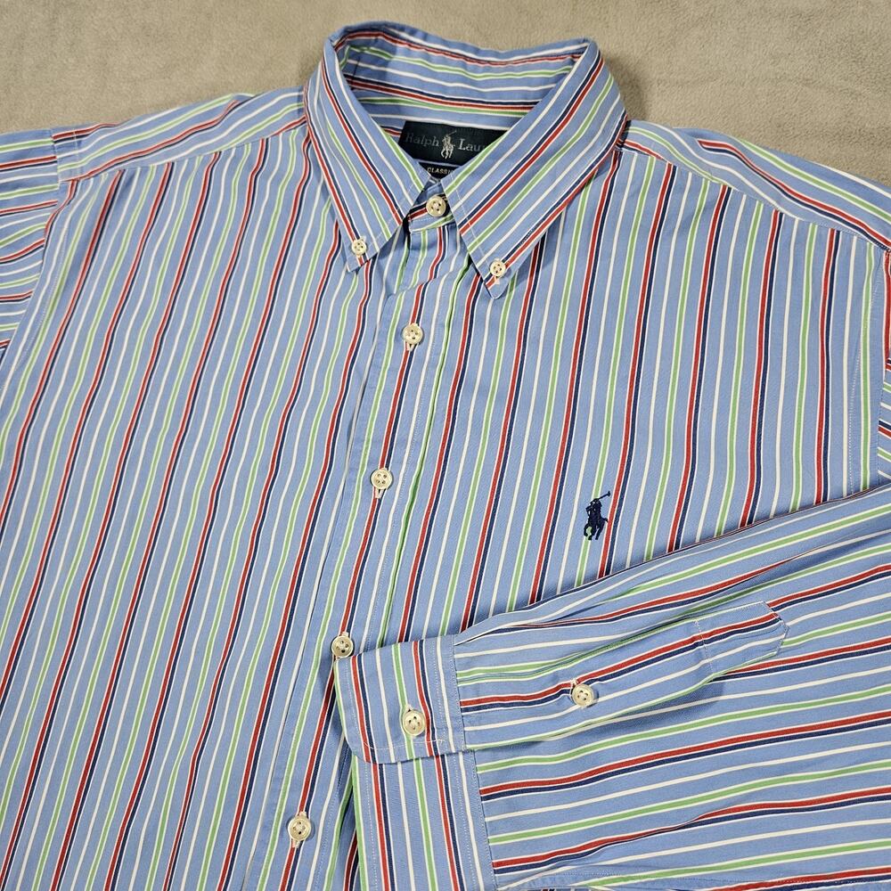 Ralph Lauren Button Down Shirt Mens XL Classic Fit Blue Red Striped Preppy Pony